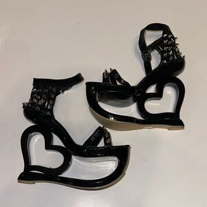 Black Heart-Cutout Platform Heels with Studs